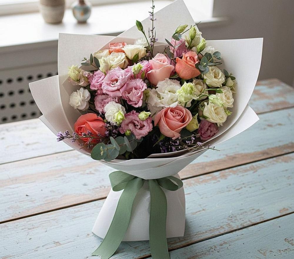 Букет цветов из: Розы, Лизиантусы и Гвоздики в Коротояке