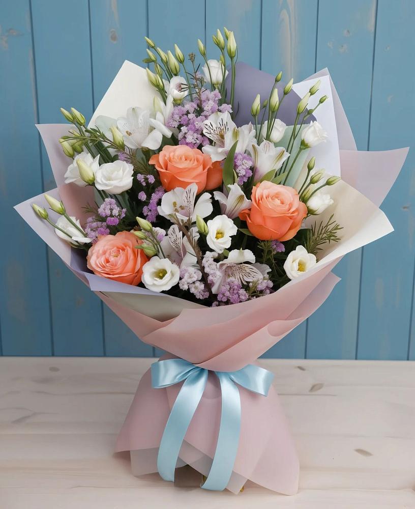 Букет цветов из: Лизиантусы, Розы, Альстромерии и Гипсофила в Коротояке